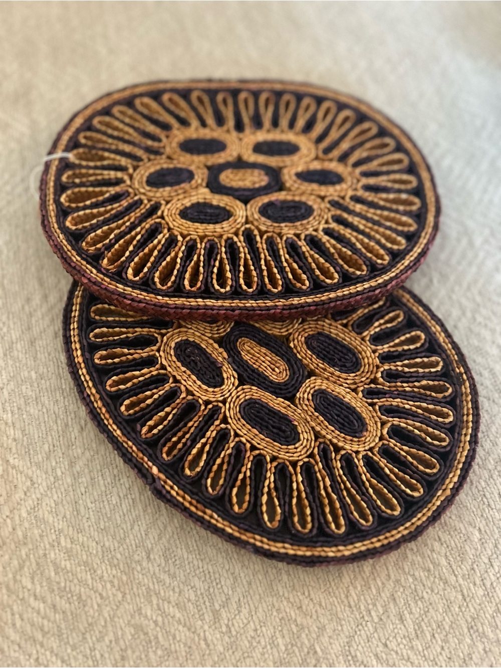 Pair of Vintage Woven Wheat Grass Trivets or Hot Plates, Boho Kitchen Decor